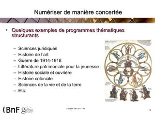 Numériser de manière concertée Quelques exemples de programmes thématiques structurants Sciences juridiques Histoire de l’art  Guerre de 1914-1918  Littérature patrimoniale pour la jeunesse  Histoire sociale et ouvrière  Histoire coloniale  Sciences de la vie et de la terre  Etc. 