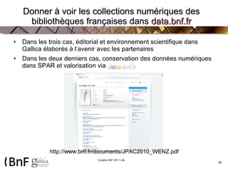 Donner à voir les collections numériques des bibliothèques françaises dans  data.bnf.fr Dans les trois cas, éditorial et environnement scientifique dans Gallica élaborés à l’avenir avec les partenaires Dans les deux derniers cas, conservation des données numériques dans SPAR et valorisation via http://www.bnf.fr/documents/JPAC2010_WENZ.pdf  