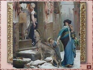 Merson est avant tout un peintre d’Histoire. 
Son tableau (peint en 1878) retrace un épisode des 
miracles de St François d’Assise : sur la place de 
Gubbio en Italie, un loup redoutable, qui a fait de 
nombreuses victimes, après avoir entendu ce saint 
homme, se laisse nourrir par le boucher. 
Ce tableau mêle poésie, légende et réalisme de la vie 
de tous les jours. 
De Luc-Olivier Merson (1846-1920) 
Le loup d’Agubbio 39 
 