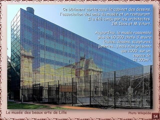 Ce bâtiment abrite aussi le ccaabbiinneett ddeess ddeessssiinnss,, 
ll''aassssoocciiaattiioonn ddeess aammiiss dduu mmuussééee eett uunn rreessttaauurraanntt.. 
IIll aa ééttéé ccoonnççuu ppaarr lleess aarrcchhiitteecctteess 
JJMM IIbbooss eett MM VViittaarrtt.. 
AAuujjoouurrdd’’hhuuii,, llee mmuussééee rraasssseemmbbllee 
pplluuss ddee 6600 000000 cchheeffss--dd''oeoeuuvvrree 
(hhuuiilleess,, ddeessssiinnss,, ssccuullppttuurreess,, 
ppootteerriieess……..)) mmaaiiss nn’’eenn pprréésseennttee 
qquuee 22000000 ssuurr uunn 
eessppaaccee ddee 
1122 000000mm². 
54 
 