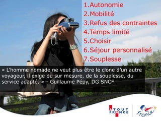 1.Autonomie
2.Mobilité
3.Refus des contraintes
4.Temps limité
5.Choisir
6.Séjour personnalisé
7.Souplesse
« L’homme nomade ne veut plus être le clone d’un autre
voyageur, il exige du sur mesure, de la souplesse, du
service adapté. » - Guillaume Pépy, DG SNCF
 