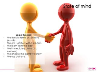 State of mind Logic thinking We think of terms of solutions  (A  -> B) We are  satisfied with 1 solution We learn from the past We immediately arrive at a meaning We choose the paths we know We use  patterns State of mind 
