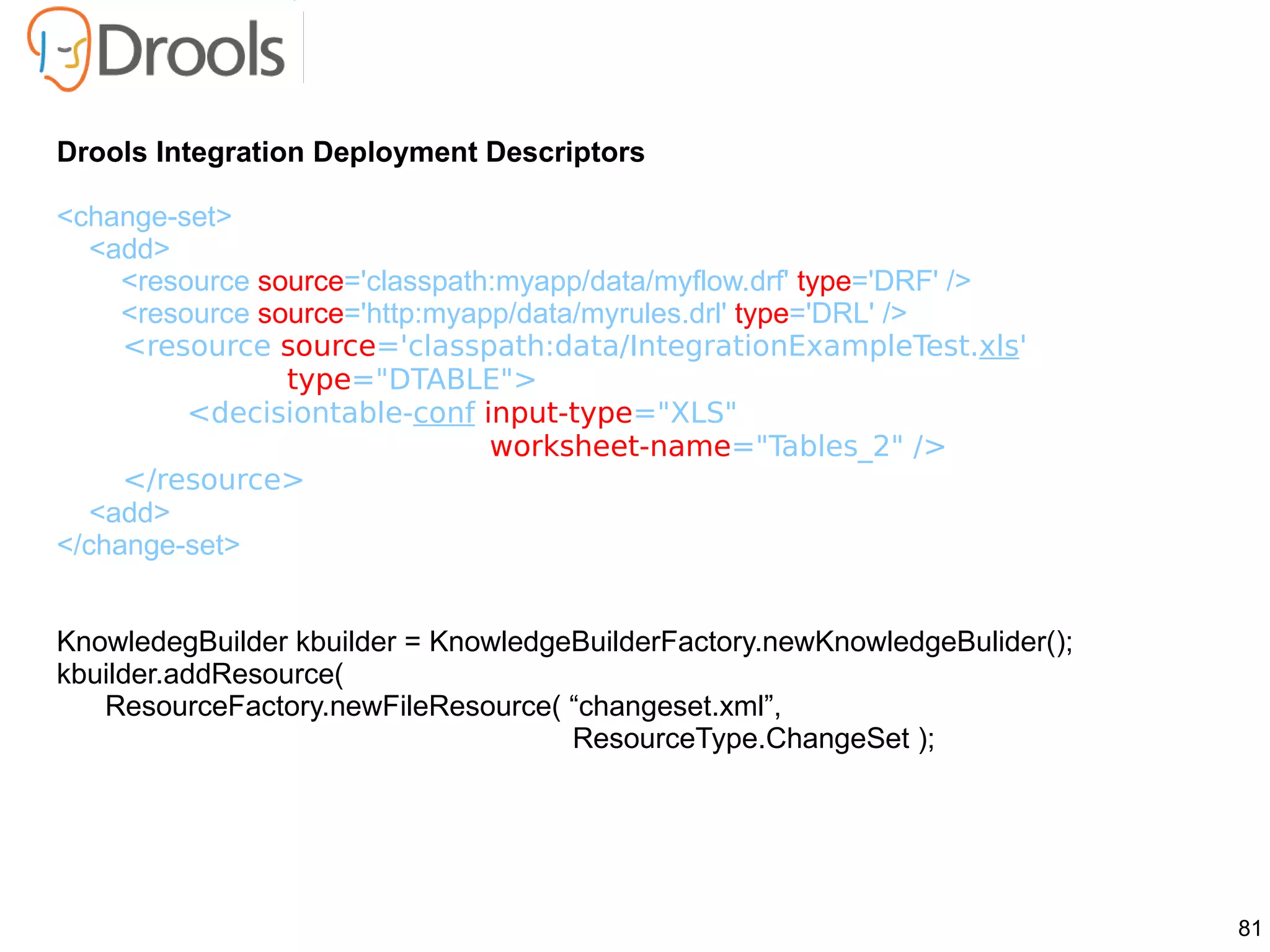 Drools Integration Deployment Descriptors

<change-set>
   <add>
     <resource source='classpath:myapp/data/myflow.drf' type='DRF' />
     <resource source='http:myapp/data/myrules.drl' type='DRL' />
     <resource source='classpath:data/IntegrationExampleTest.xls'
                 type="DTABLE">
          <decisiontable-conf input-type="XLS"
                                worksheet-name="Tables_2" />
     </resource>
   <add>
</change-set>


KnowledegBuilder kbuilder = KnowledgeBuilderFactory.newKnowledgeBulider();
kbuilder.addResource(
   ResourceFactory.newFileResource( “changeset.xml”,
                                     ResourceType.ChangeSet );




                                                                             81
 