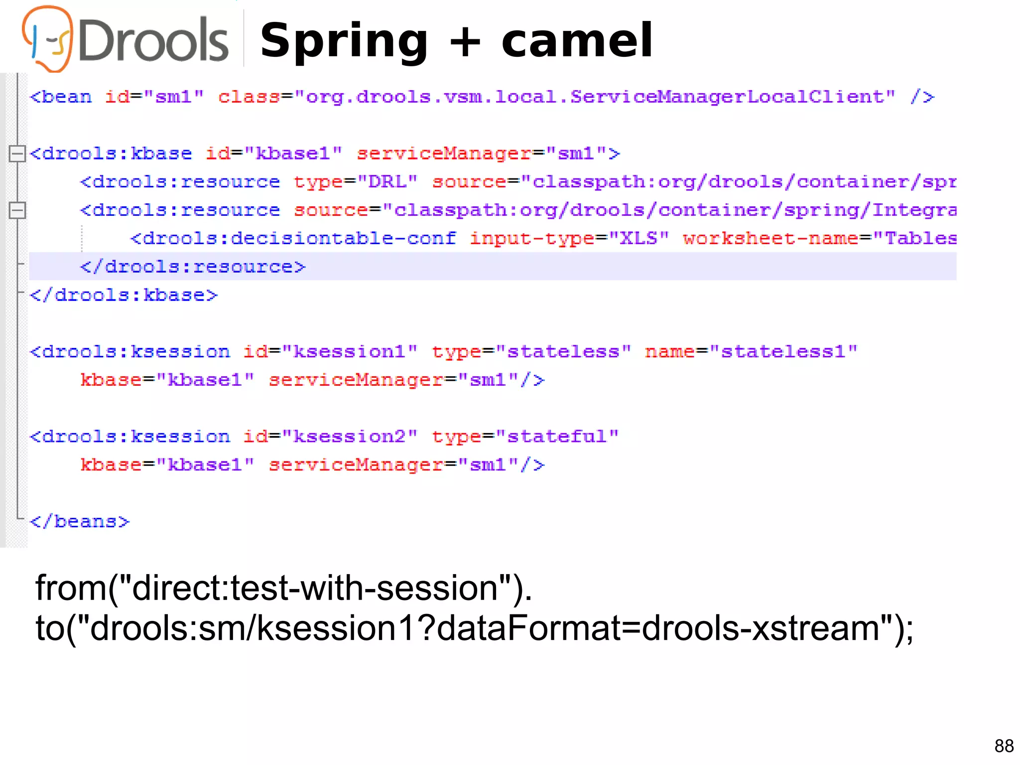 Spring + camel




from("direct:test-with-session").
to("drools:sm/ksession1?dataFormat=drools-xstream");


                                                       88
 