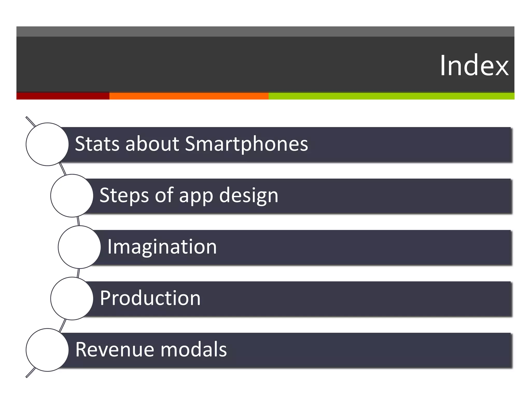 Index
Stats about Smartphones
Steps of app design
Imagination
Production
Revenue modals
 