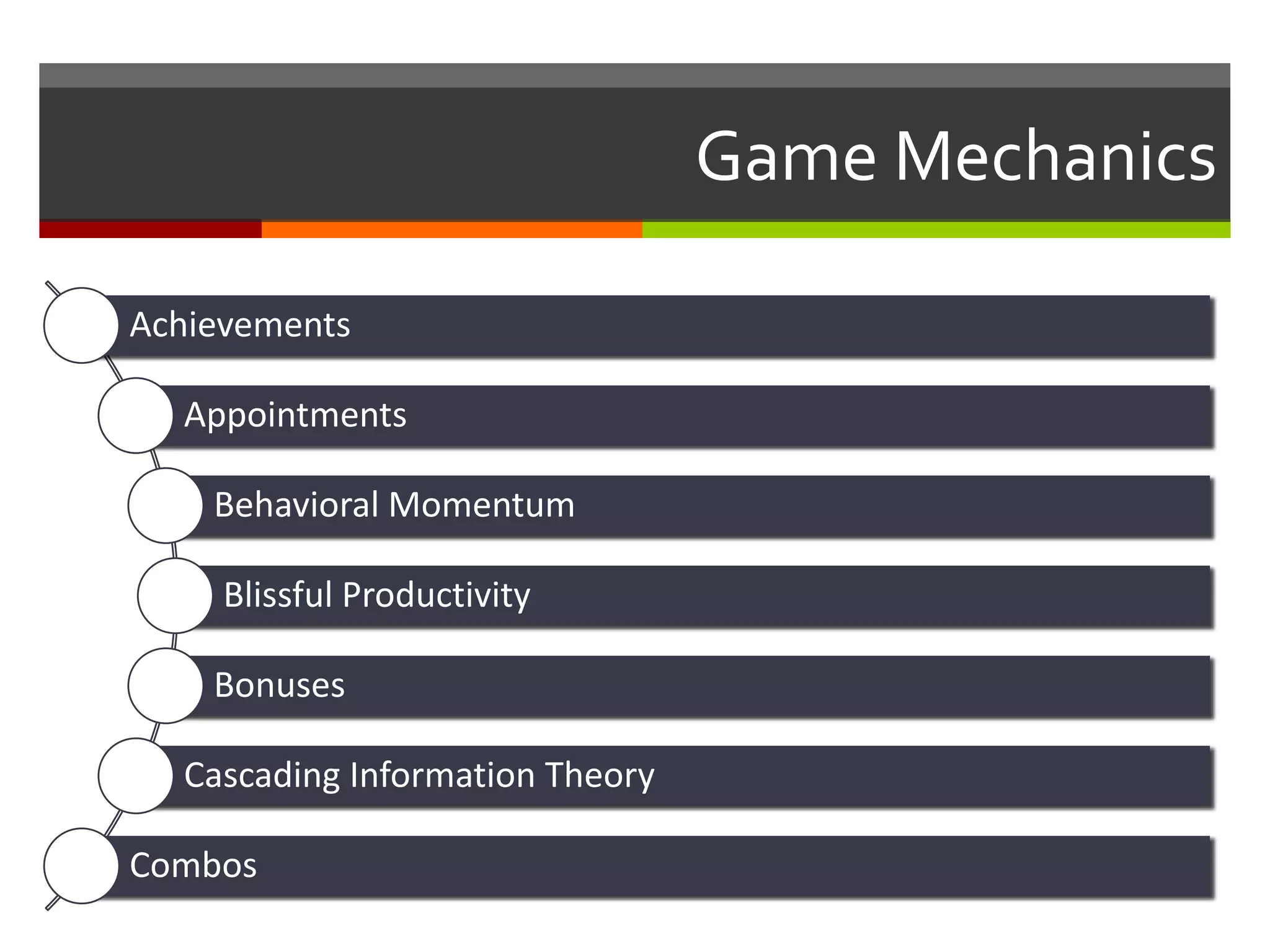 Game Mechanics
Achievements
Appointments
Behavioral Momentum
Blissful Productivity
Bonuses
Cascading Information Theory
Combos
 