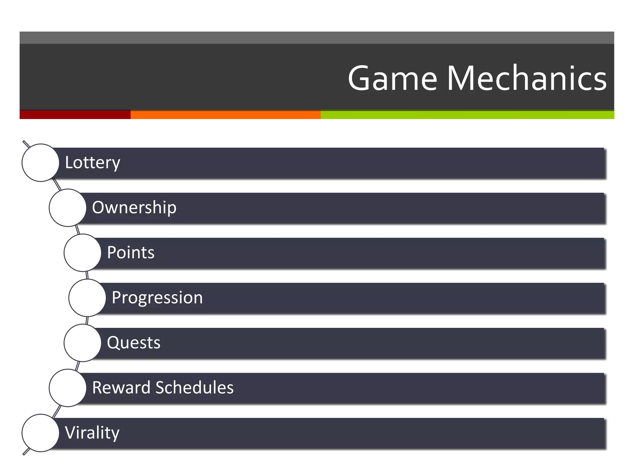 Game Mechanics
Lottery
Ownership
Points
Progression
Quests
Reward Schedules
Virality
 