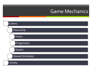 Game Mechanics
Lottery
Ownership
Points
Progression
Quests
Reward Schedules
Virality
 