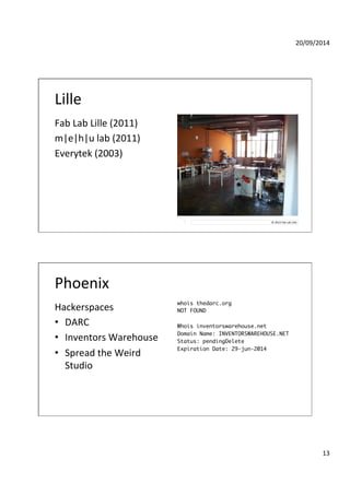 20/09/2014' 
13' 
Lille' 
Fab'Lab'Lille'(2011)' 
m|e|h|u'lab'(2011)' 
Everytek'(2003)' 
©'2014'Fab'Lab'Lille.' 
Phoenix'' 
Hackerspaces' 
• DARC' 
• Inventors'Warehouse' 
• Spread'the'Weird' 
Studio' 
whois thedarc.org 
NOT FOUND 
Whois inventorswarehouse.net 
Domain Name: INVENTORSWAREHOUSE.NET 
Status: pendingDelete 
Expiration Date: 29-jun-2014 
 