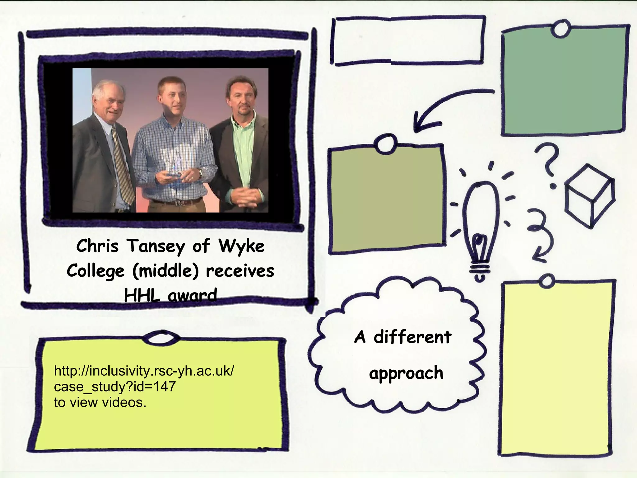 http://inclusivity.rsc-yh.ac.uk/ case_study?id=147 to view videos. Chris Tansey of Wyke College (middle) receives HHL award A different approach