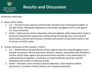Results and Discussion
Similarities continued –
3. Abuse of the media
1. U.S. – Donald Trump’s collusion with the IRA; Donald Trump ‘breaking the bubble’ of
alt-right media; vilifying the opposition in the media; derogatory terms used against
U.S. social minorities
2. Serbia – State-owned media is deceptive and promulgated, while independent media is
censored, economically suppressed, and becoming increasingly rare; censorship of
social media; and the stark increase in threats and assaults on journalists which is not
of concern to Vučić's party
4. Chronic vilification of their society's “others”
1. U.S. – Platformed on the glorification of the original nation by using derogatory terms
towards immigrants, African Americans, Muslims, women, and people with disabilities;
and the actions taken against the perceived threat resulted in mass deportation of
undocumented immigrants, a travel ban on majority Muslim countries, and the
attempted wall on the U.S.-Mexican border.
2. Serbia – Directed in near entirety to Kosovo Albanians, Vučić implores welfare
chauvinism; a narrative of ethnic threat; and in-group nationalism
 