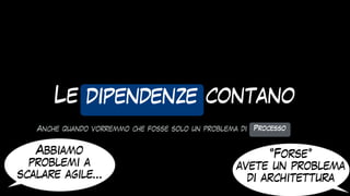Le dipendenze contano
dipendenze
Processo
Anche quando vorremmo che fosse solo un problema di
Abbiamo
problemi a
scalare agile…
“Forse”
avete un problema
di architettura
 