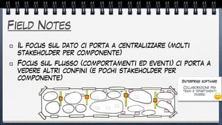 Field Notes
Il focus sul dato ci porta a centralizzare (molti
stakeholder per componente)


Focus sul flusso (comportamenti ed eventi) ci porta a
vedere altri confini (e pochi stakeholder per
componente) Enterprise software
Collaborazione fra
team e dipartimenti
diversi
🙂
 