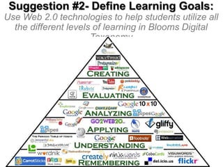 Suggestion #2- Define Learning Goals:
Use Web 2.0 technologies to help students utilize all
the different levels of learning in Blooms Digital
Taxonomy

 