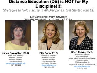 Distance Education (DE) is NOT for My
Discipline!!!!
Strategies to Help Faculty in All Disciplines Get Started with DE
Lilly Conference- Miami University
Saturday, November 23, 2013 8:15- 8:55 AM

Nancy Broughton, Ph.D.

Elfe Dona, Ph.D.

Wright State University
Associate Professor
Modern Languages
Professor of Spanish
nancy.broughton@wright.edu
(937) 775-2153

Wright State University
Associate Professor
Modern Languages
Professor of German
and Teacher Education
elfe.dona@wright.edu
(937) 775-2600

Sheri Stover, Ph.D.
Wright State University
Assistant Professor
College of Education and Human Services
Leadership Studies
IDOL Program Director,
(Instructional Design for Online Learning)
sheri.stover@wright.edu
(937) 775-3008

 