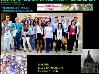 NMR AND MOLECULAR RECOGNITION. PROTEIN-CARBOHYDRATE INTERACTIONS 
JESUS JIMENEZ-BARBERO 
Chemical and Physical Biology 
jjbarbero@cib.csic.es 
jjbarbero@cicbiogune.es 
MADRID 
LILLY SYMPOSIUM 
October 8, 2014 
 