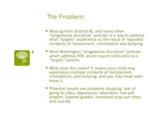 The Problem:
§  Missing from District 81 and many other
“progressive discipline” policies is a way to address
what “targets” experience as the result of repeated
incidents of harassment, intimidation and bullying.
§  Most Washington “progressive discipline” policies
which address HIB, do not require notification to a
“targets” parents.
§  What does this mean? It means your child may
experience multiple incidents of harassment,
intimidation, and bullying, and you may never even
know it.
§  Potential results are problems studying, fear of
going to class, depression, retaliation, low-self
esteem, lowered grades, increased drop-out rates,
and suicide.
3
 