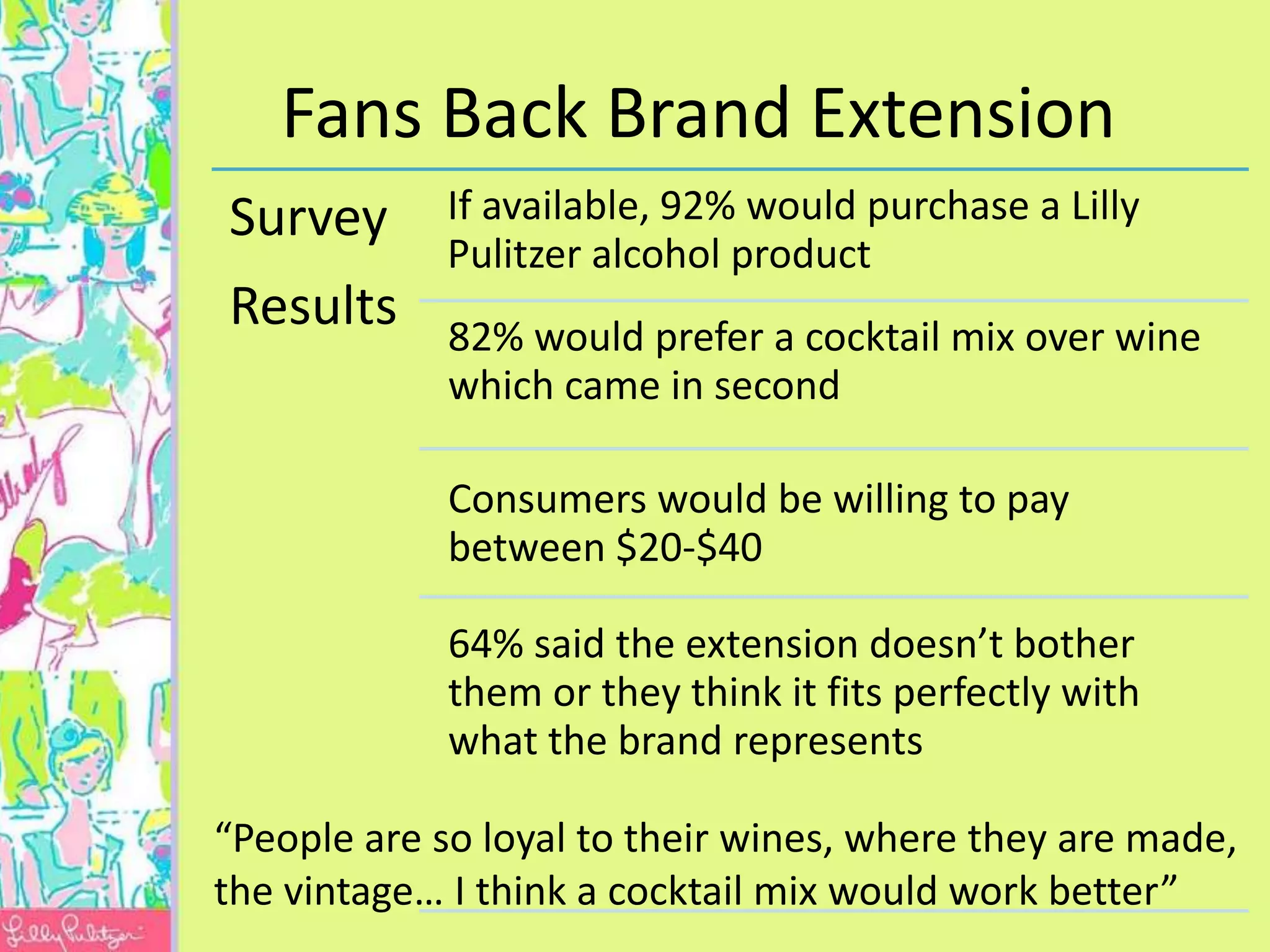 Fans Back Brand Extension
Survey      If available, 92% would purchase a Lilly
            Pulitzer alcohol product
Results      82% would prefer a cocktail mix over wine
             which came in second

             Consumers would be willing to pay
             between $20-$40

             64% said the extension doesn’t bother
             them or they think it fits perfectly with
             what the brand represents

“People are so loyal to their wines, where they are made,
the vintage… I think a cocktail mix would work better”
 