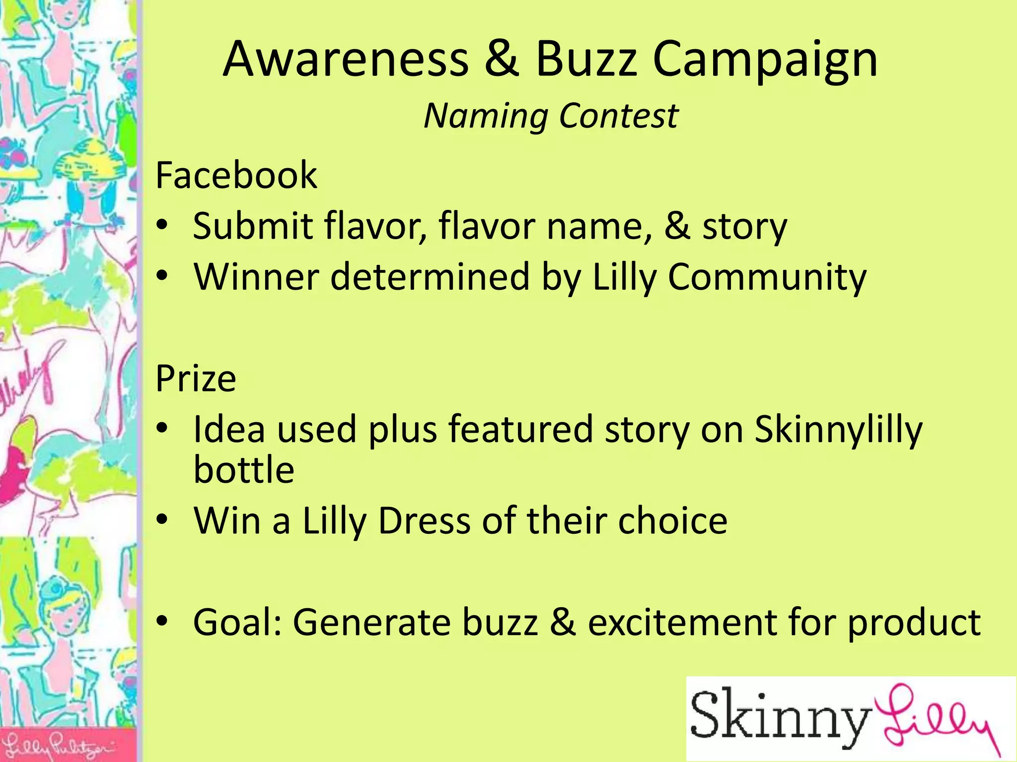 Awareness & Buzz Campaign
                Naming Contest
Facebook
• Submit flavor, flavor name, & story
• Winner determined by Lilly Community

Prize
• Idea used plus featured story on Skinnylilly
  bottle
• Win a Lilly Dress of their choice

• Goal: Generate buzz & excitement for product
 