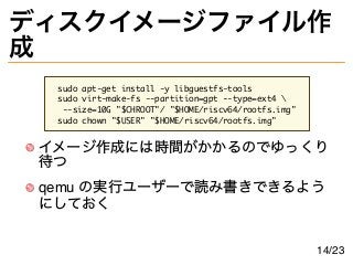 ディスクイメージファイル作
成
sudo apt-get install -y libguestfs-tools
sudo virt-make-fs --partition=gpt --type=ext4 
--size=10G "$CHROO...