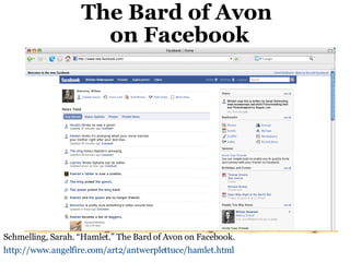 The Bard of Avon  on Facebook Schmelling, Sarah. “Hamlet.” The Bard of Avon on Facebook. http://www.angelfire.com/art2/antwerplettuce/hamlet.html   