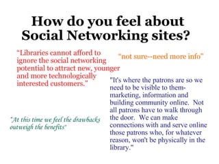 How do you feel about Social Networking sites?  “ Libraries cannot afford to ignore the social networking potential to attract new, younger and more technologically interested customers.” "It's where the patrons are so we need to be visible to them-marketing, information and building community online.  Not all patrons have to walk through the door.  We can make connections with and serve online those patrons who, for whatever reason, won't be physically in the library." “ At this time we feel the drawbacks outweigh the benefits" “ not sure--need more info" 
