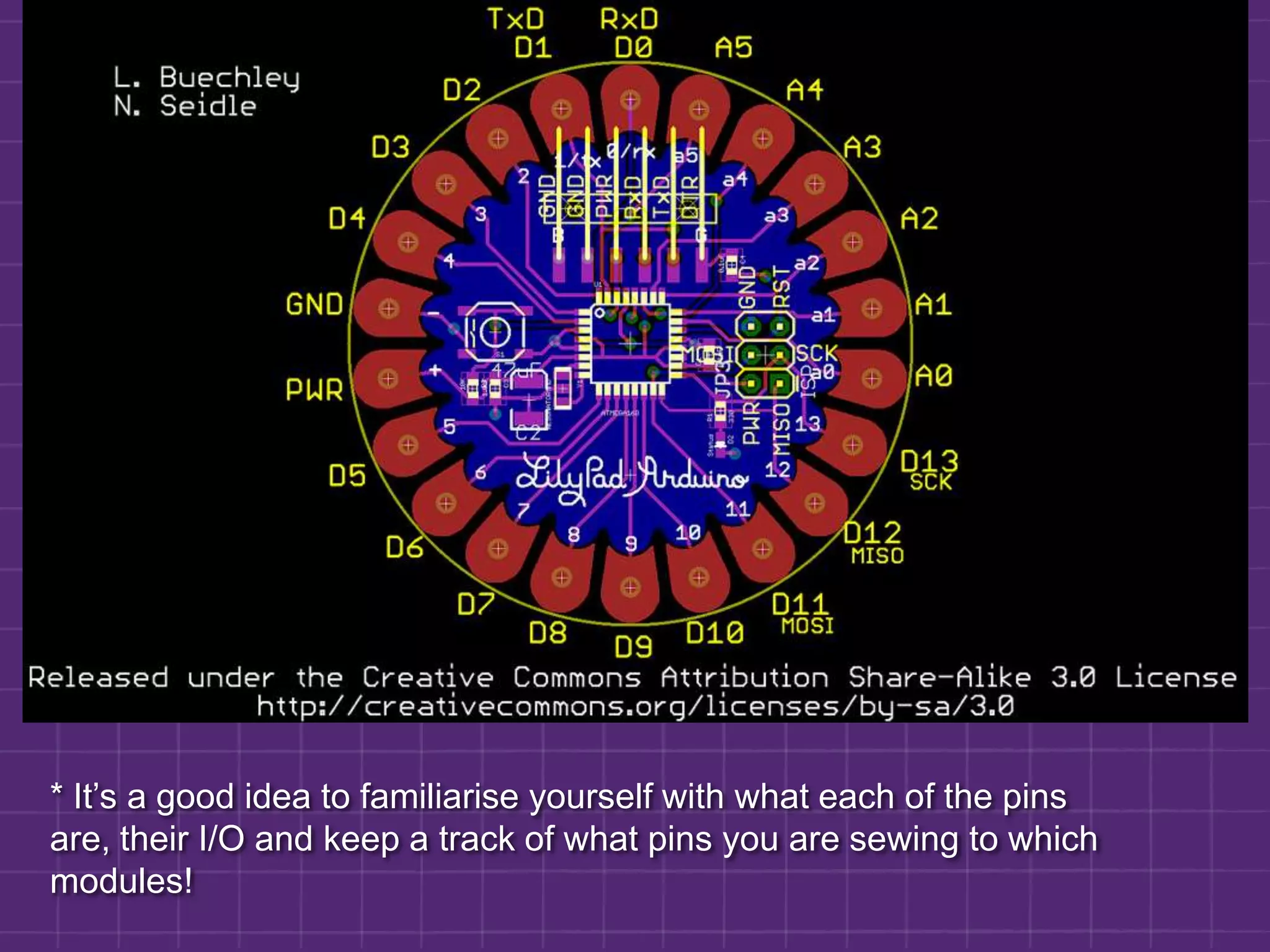 * It’s a good idea to familiarise yourself with what each of the pins are, their I/O and keep a track of what pins you are sewing to which modules!