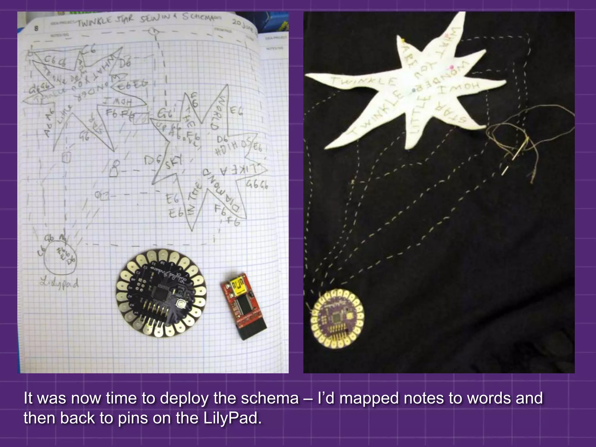 It was now time to deploy the schema – I’d mapped notes to words and then back to pins on the LilyPad.