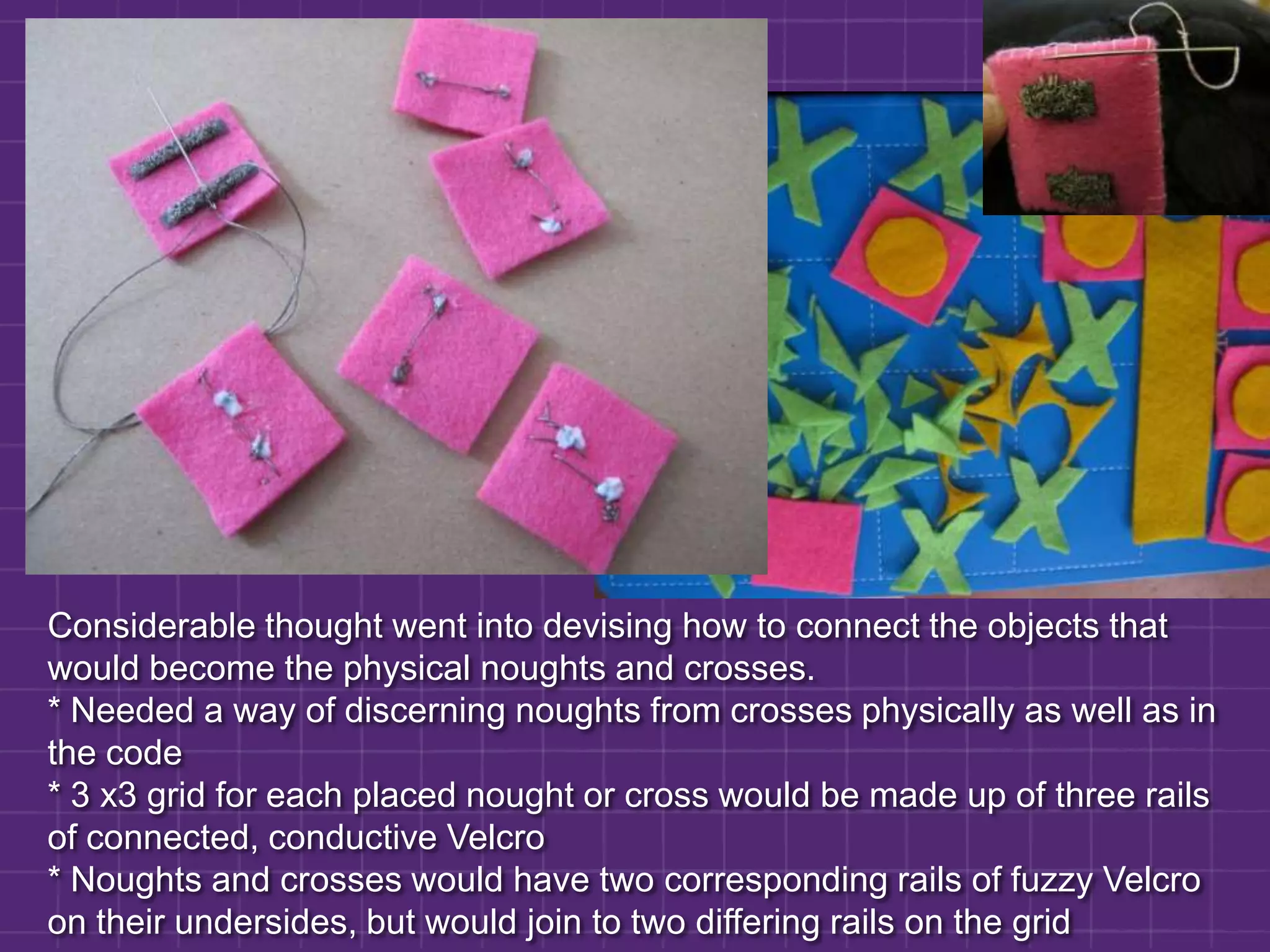 Testing & tidying:* Hardware and code running as expected * Test all the conductive thread tracks and respective knots were all working properly and not touching each other or fraying* Tidy artwork by backing it onto some coloured fabric * Embellish with star sequins, which also acted as a way of securely sewing the two fabrics to each other* Add regular Velcro to back for portability