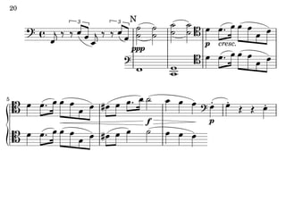 18 
poco a poco a poco a poco a poco a ad nauseam 
   

    
3 3     
    
      
    
p 
cresc. 
N 
ppp 
  

  
      
p  
  
f 
   
  
  
      
 5  
new Staff { 
clef bass 
relative c { 
f,8 r times 2/3 { r e'( h } e,) r times 2/3 { r e'( a,) } 
mark N 
set doubleSlurs = ##t 
c a'2(ppp c a') 
e c'( e c') clef tenor 
set doubleSlurs = ##f 
d'4p d8.(cresc f16)! f8( e g, c) 
d4 d8.( f16) f8( e g, c) 
cis( d f8. a16)! a2(f 
g4 f e)! 
clef bass f,(-.p 
g)-. r r e-. 
} 
} 
 
