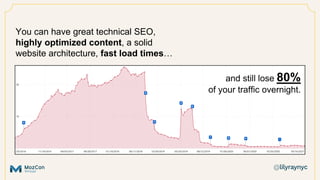 You can have great technical SEO,
highly optimized content, a solid
website architecture, fast load times…
and still lose 80%
of your traffic overnight.
 