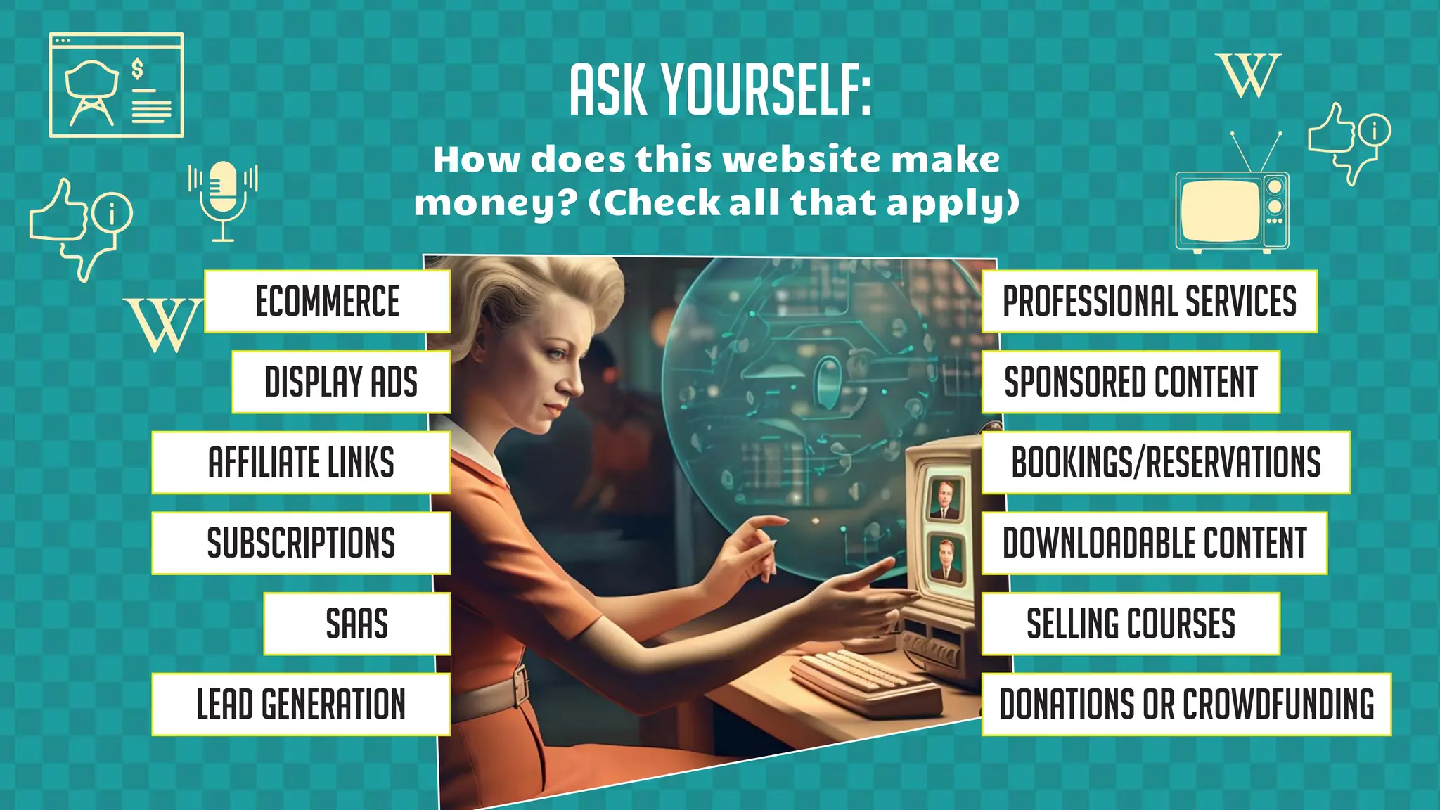 display ads
affiliate links
subscriptions
SaaS
lead generation
ecommerce
sponsored content
bookings/reservations
downloadable content
selling courses
donations or crowdfunding
professional services
Ask yourself:
How does this website make
money? (Check all that apply)
 