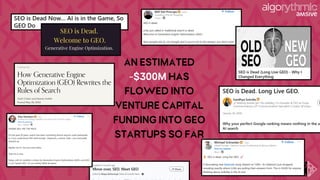 AN ESTIMATED
~$300M HAS
FLOWED INTO
VENTURE CAPITAL
FUNDING INTO GEO
STARTUPS SO FAR
 
