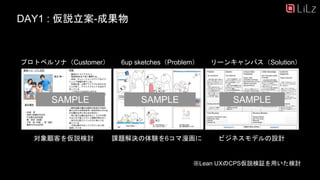 DAY1 : 仮説立案-成果物
プロトペルソナ（Customer） 6up sketches（Problem） リーンキャンパス（Solution）
※Lean UXのCPS仮説検証を用いた検討
SAMPLE SAMPLE SAMPLE
対象顧客を仮説検討 課題解決の体験を6コマ漫画に ビジネスモデルの設計
16
 