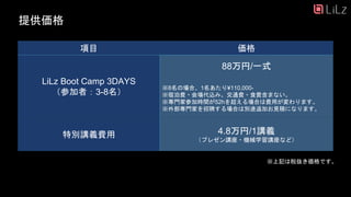 提供価格
項目 価格
LiLz Boot Camp 3DAYS
（参加者：3-8名）
88万円/一式
※8名の場合、1名あたり¥110,000-
※宿泊費・会場代込み。交通費・食費含まない。
※専門家参加時間が52hを超える場合は費用が変わります。
※外部専門家を招聘する場合は別途追加お見積になります。
特別講義費用 4.8万円/1講義
（プレゼン講座・機械学習講座など）
※上記は税抜き価格です。
33
 