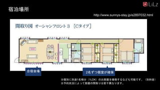 宿泊場所
合宿会場 2名ずつ個室が確保
http://www.sunnys-stay.jp/e2897032.html
※個別に別途1名様分（1LDK）のお部屋を確保するなども可能です。（別料金）
※予約状況によって部屋の間取りは若干異なります。
35
 