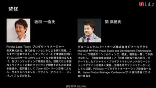 監修
グロースエクスパートナーズ株式会社 ITアーキテクト
Microsoft MVP for Visual Studio and Development Technologies
ITサービス開発のコンサルティング、開発、運用を一貫して手掛
けながら、「顧客価値の創造」と「持続可能な仕組み創り」を
テーマとしたアジャイル・プロダクトマネジメントのワークシ
ョップデザインを数多く実施。全国各地でファシリテーターと
しても活躍。POStudy ～プロダクトオーナーシップ勉強会～主
宰。Japan Product Manager Conference 2016 実行委員 / 2017
実行委員長
Pivotal Labs Tokyo プロダクトマネージャー
楽天株式会社、株式会社コンセントなどを得て現職。こ
れまでに企業やスタートアップといった企業規模を問わ
ず70以上のサービスのリニューアルや新規事業の立ち上
げ、及びコンサルティング業務を担当。現職では大手国
内クライアント企業のソフトウェア開発そのものの変革
を推進中。監訳書として『Lean UXーリーン思考による
ユーザエクスペリエンス・デザイン（オライリー・ジャ
パン）』などがある。
坂田 一倫氏 関 満徳氏
(C) 2017 LiLz Inc.
 