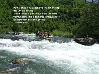 Plav-Murinoje najuzbudljiviji i najdinamičniji
deo Lima za rafting.
Za raft čamce je plovan u prolede i po malo
višimvodostajima, a za manje čamce, kanue i
kajaketokom leta i cele godine.
TežinaWWIII-IV
 