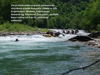 Lim je miran samo na prvom kilometrudo
ušda desne pritoke Komarače. Odatle se nižu
brojnibukovi : Mramor, Koljina stopa,
Kameniti lug, Šoškida vir, Žute ploče...različitih
klasai težina (od II do V), zavisnood
vodostaja.
 