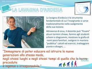 11 
PROF. GIUSEPPE ROCCO 
La lavagna d’ardesia è lo strumento 
fondamentale di cui l'insegnante si serve 
tradizionalmente nello svolgimento 
della sua lezione. 
Attraverso di essa, il docente può "fissare" 
alcuni termini chiave, fornire agli studenti 
schemi e diagrammi, mostrare la grafia di 
nomi poco familiari, svolgere in maniera 
"pubblica" calcoli ed esercizi, tratteggiare 
piante e disegni, … 
“Immaginare di poter educare ed istruire le nuove 
generazioni allo stesso modo, 
negli stessi luoghi e negli stessi tempi di quelle che le hanno 
precedute 
è ingenuo o irresponsabile.” 
Giuseppe Bertagna 
27/01/2011 
 