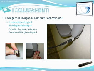 Collegare la lavagna al computer col cavo USB 
Il connettore di tipo B 
si collega alla lavagna 
(di solito è in basso a destra e 
in alcune LIM è già collegato) 
34 
PROF. GIUSEPPE ROCCO 
 