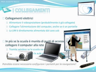 Collegamenti elettrici 
Alimentare il videoproiettore (probabilmente è già collegato) 
Collegare l'alimentazione del computer, anche se è un portatile 
La LIM è direttamente alimentata dal cavo usb 
In più se la scuola è munita di punti di accesso ad internet si può 
collegare il computer alla rete 
Tramite wireless se la scuola ne è dotata 
Tramite cavo di rete se le aule sono cablate 
Potrebbe essere necessario configurare i portatili per la navigazione! 
35 
PROF. GIUSEPPE ROCCO 
 