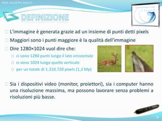 L'immagine è generata grazie ad un insieme di punti detti pixels 
Maggiori sono i punti maggiore è la qualità dell'immagine 
Dire 1280×1024 vuol dire che: 
ci sono 1280 punti lungo il lato orizzontale 
ci sono 1024 lungo quello verticale 
per un totale di 1.310.720 pixels (1,3 Mp) 
Sia i dispositivi video (monitor, proiettori), sia i computer hanno 
una risoluzione massima, ma possono lavorare senza problemi a 
risoluzioni più basse. 
38 
PROF. GIUSEPPE ROCCO 
 