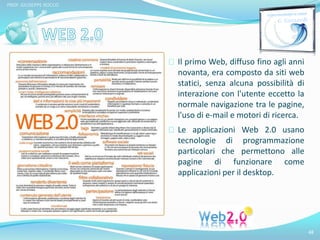 Il primo Web, diffuso fino agli anni 
novanta, era composto da siti web 
statici, senza alcuna possibilità di 
interazione con l'utente eccetto la 
normale navigazione tra le pagine, 
l'uso di e-mail e motori di ricerca. 
Le applicazioni Web 2.0 usano 
tecnologie di programmazione 
particolari che permettono alle 
pagine di funzionare come 
applicazioni per il desktop. 
48 
PROF. GIUSEPPE ROCCO 
 