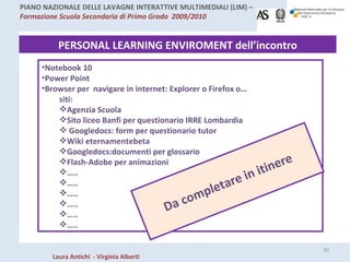 PERSONAL LEARNING ENVIROMENT dell’incontro Notebook 10 Power Point Browser per  navigare in internet: Explorer o Firefox o… siti: Agenzia Scuola Sito liceo Banfi per questionario IRRE Lombardia Googledocs: form per questionario tutor Wiki eternamentebeta Googledocs:documenti per glossario Flash-Adobe per animazioni  … .. … .. … .. … .. … .. … .. Da completare in itinere 
