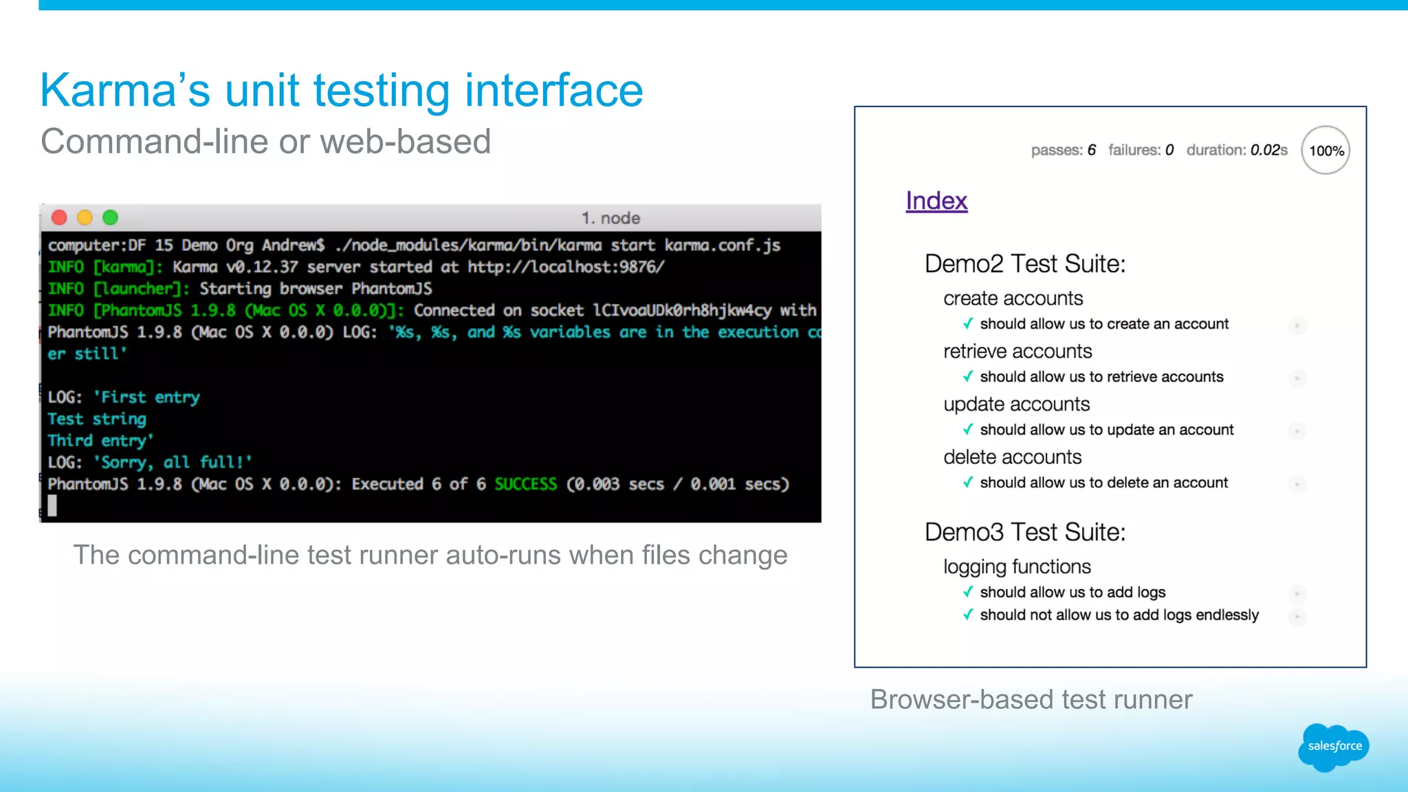 Karma’s unit testing interface Command-line or web-based Browser-based test runner The command-line test runner auto-runs when files change 