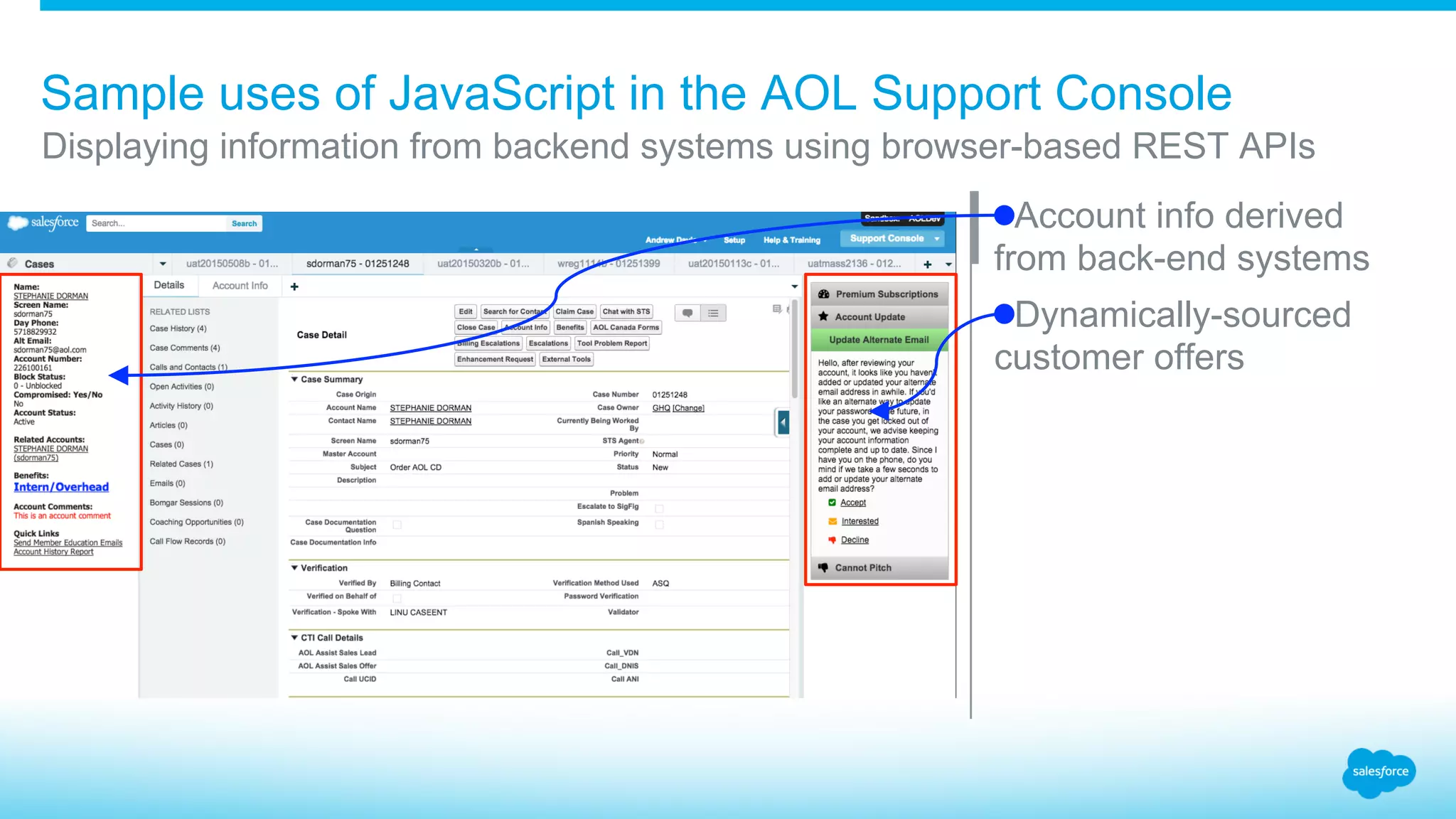 Sample uses of JavaScript in the AOL Support Console ​  Account info derived from back-end systems ​  Dynamically-sourced customer offers ​ Displaying information from backend systems using browser-based REST APIs 