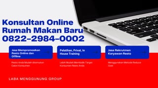 Konsultan Online
Rumah Makan Baru
0822-2984-0002
Resto Anda Mudah ditemukan
Calon Konsumen
Jasa Mempromosikan
Resto Online dan
Offline
Lebih Mudah Membidik Target
Konsumen Resto Anda
Pelatihan, Privat, In
House Training
Menggunakan Metode Reduce
Cost
Jasa Rekrutmen
Karyawan Resto
LABA MENGGUNUNG GROUP
 