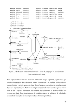 118
Figura 4.6: RdP de um controlador de entradas e saídas de um parque de estacionamento
(duas entradas e uma saída)
Esta segunda entrada tem uma prioridade inferior em relação à primeira, significando que
quando se apresentam dois condutores, um em cada entrada, e se o pedido for realizado no
mesmo instante e existir apenas um lugar disponível, entra o condutor da primeira entrada
ficando o segundo à espera. Neste caso, independentemente de o condutor da segunda entrada
estar ou não á espera à mais tempo, um condutor que se apresente na primeira entrada terá
sempre prioridade. Este comportamento é modelado através da utilização de prioridades
associadas às transições T2 (maior prioridade) e T8 (menor prioridade).
 