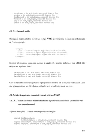 120
GotTicket : in std_logic_vector(0 downto 0);
arrive : in std_logic_vector(0 downto 0);
GotTicket2 : in std_logic_vector(0 downto 0);
Arrive2 : in std_logic_vector(0 downto 0);
pay : in std_logic_vector(0 downto 0);
leave : in std_logic_vector(0 downto 0);
4.2.2.3. Sinais de saída
De seguida é apresentado o excerto do código PNML que representa os sinais de saída da rede
de Petri em questão:
<output>
<signal id="GateInOpen" type="boolean" value="0">
<signal id="GateIn2Open" type="boolean" value="0">
<signal id="GateOutOpen" type="boolean" value="0">
</output>
Existem três sinais de saída, que segundo a secção 3.7.1 quando traduzidos para VHDL dão
origem aos seguintes sinais:
GateInOpen : out std_logic_vector(0 downto 0);
GateIn2Open : out std_logic_vector(0 downto 0);
GateOutOpen : out std_logic_vector(0 downto 0);
Caso o elemento output esteja vazio, o programa irá mostrar um aviso para o utilizador. Caso
não seja encontrado um ID válido, o utilizador será avisado através de um erro.
4.2.2.4. Declaração dos sinais internos do sistema VHDL
4.2.2.4.1. Sinais síncronos de entrada criados a partir dos assíncronos (do mesmo tipo
que os assíncronos)
Segundo a secção 3.1.2 ter-se-ão as seguintes declarações:
signal GotTicketSync,
GotTicket2Sync : std_logic_vector(0 downto 0);
signal arriveSync, arrive2Sync : std_logic_vector(0 downto 0);
signal paySync, leaveSync : std_logic_vector(0 downto 0);
 